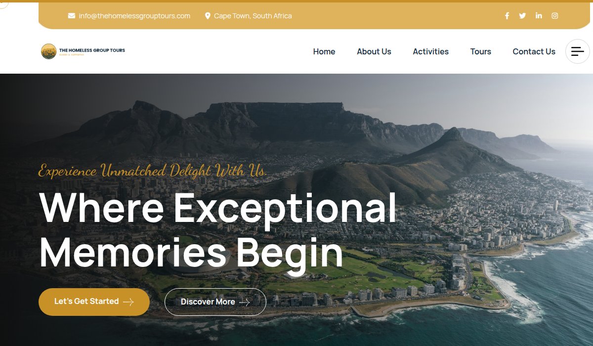The Homeless Group Tours website homepage, desktop view