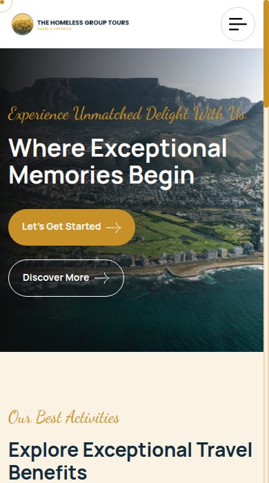 The Homeless Group Tours website homepage, mobile view
